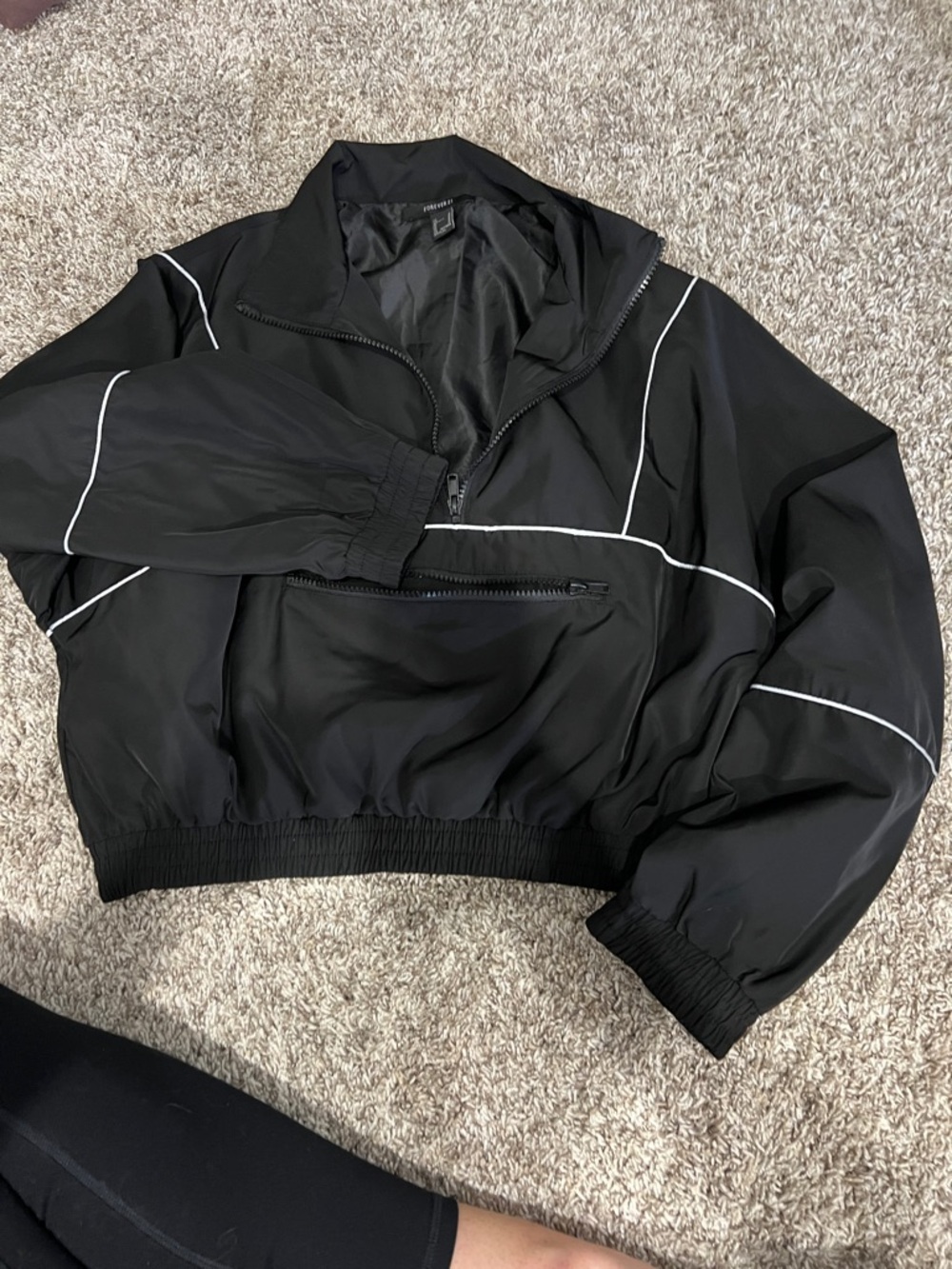 Forever 21 Black Cropped Bomber Jacket with White Piping NWOT